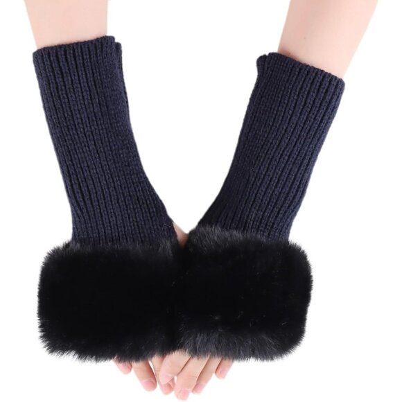 Accessories - Women's Blue Knitted Fingerless Faux Fur Wrist Cuff Thumb Hole Warmers Gloves